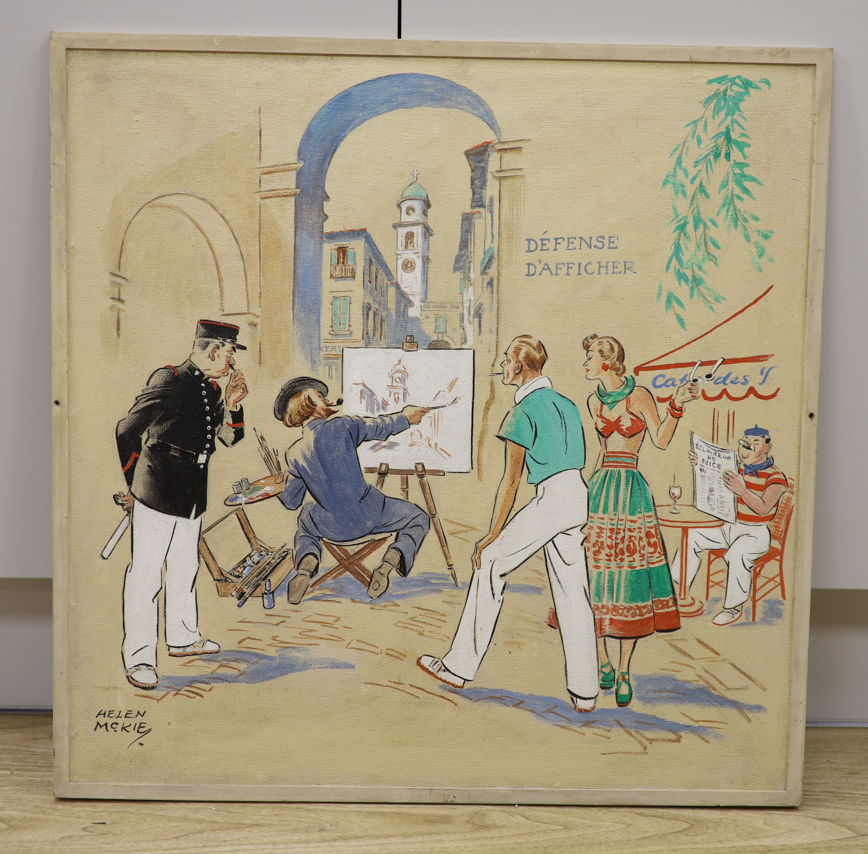 Helen Madeleine McKie (1889-1957), oil on board, 1950's French street scene with artist and onlookers, signed, 60 x 60cm